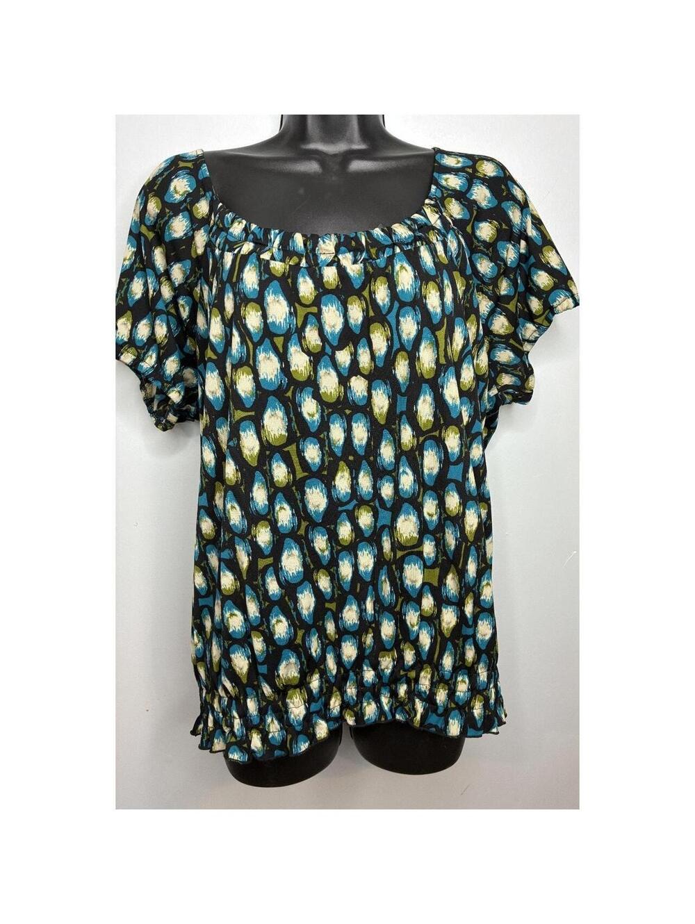 Women's Short Sleeve Blouse with Blue and Green Abstract Pattern